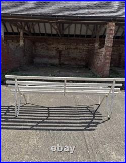 Antique English White Wrought Iron Wood Strap Bench Vintage Country Garden Bench