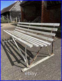 Antique English White Wrought Iron Wood Strap Bench Vintage Country Garden Bench