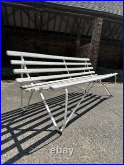 Antique English White Wrought Iron Wood Strap Bench Vintage Country Garden Bench