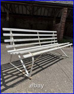 Antique English White Wrought Iron Wood Strap Bench Vintage Country Garden Bench