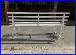 Antique English White Wrought Iron Wood Strap Bench Vintage Country Garden Bench