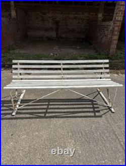 Antique English White Wrought Iron Wood Strap Bench Vintage Country Garden Bench
