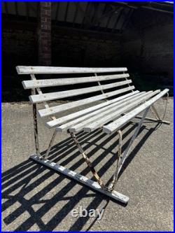 Antique English White Wrought Iron Wood Strap Bench Vintage Country Garden Bench
