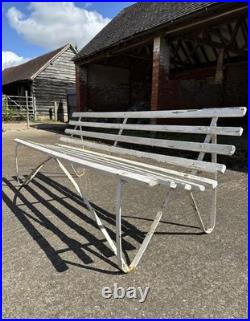 Antique English White Wrought Iron Wood Strap Bench Vintage Country Garden Bench