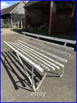 Antique English White Wrought Iron Wood Strap Bench Vintage Country Garden Bench