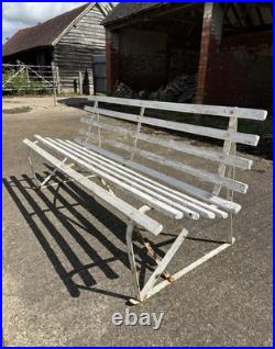 Antique English White Wrought Iron Wood Strap Bench Vintage Country Garden Bench