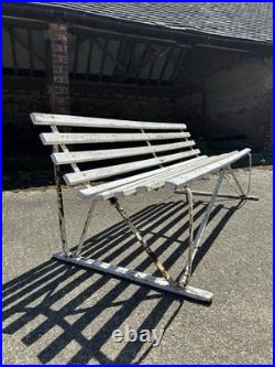 Antique English White Wrought Iron Wood Strap Bench Vintage Country Garden Bench Antique English White Wrought Iron Wood Strap Bench Vintage Country Garden Bench