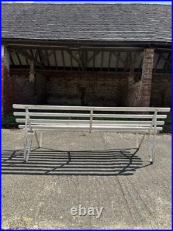 Antique English White Wrought Iron Wood Strap Bench Vintage Country Garden Bench