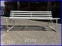Antique English White Wrought Iron Wood Strap Bench Vintage Country Garden Bench