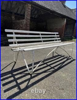 Antique English White Wrought Iron Wood Strap Bench Vintage Country Garden Bench
