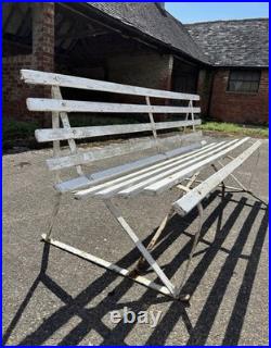 Antique English White Wrought Iron Wood Strap Bench Vintage Country Garden Bench