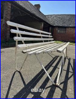 Antique English White Wrought Iron Wood Strap Bench Vintage Country Garden Bench
