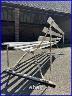 Antique English White Wrought Iron Wood Strap Bench Vintage Country Garden Bench