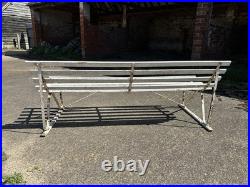 Antique English White Wrought Iron Wood Strap Bench Vintage Country Garden Bench