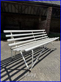 Antique English White Wrought Iron Wood Strap Bench Vintage Country Garden Bench