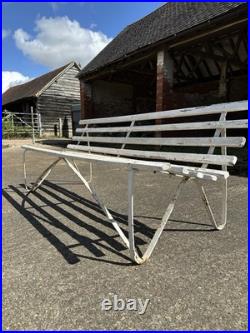 Antique English White Wrought Iron Wood Strap Bench Vintage Country Garden Bench