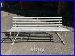 Antique English White Wrought Iron Wood Strap Bench Vintage Country Garden Bench