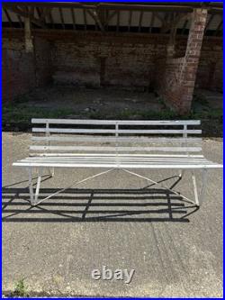 Antique English White Wrought Iron Wood Strap Bench Vintage Country Garden Bench