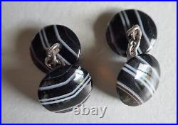 Antique English vintage sterling silver banded black agate ajour cufflinks