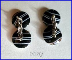 Antique English vintage sterling silver banded black agate ajour cufflinks