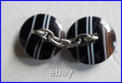 Antique English vintage sterling silver banded black agate ajour cufflinks