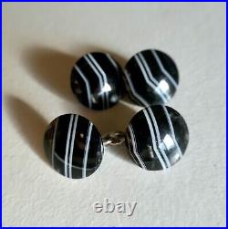 Antique English vintage sterling silver banded black agate ajour cufflinks