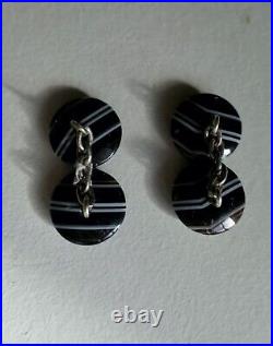 Antique English vintage sterling silver banded black agate ajour cufflinks