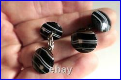 Antique English vintage sterling silver banded black agate ajour cufflinks