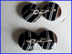 Antique English vintage sterling silver banded black agate ajour cufflinks