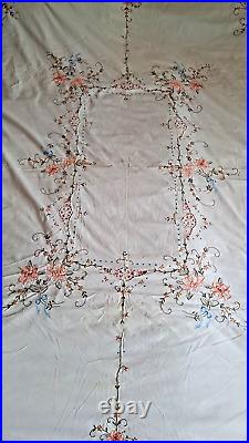 Antique Linen Tablecloth Generously Hand Embroidered & Crocheted 78.74 x 64.56