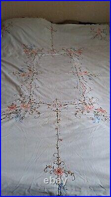 Antique Linen Tablecloth Generously Hand Embroidered & Crocheted 78.74 x 64.56