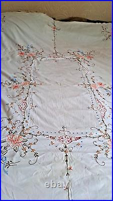 Antique Linen Tablecloth Generously Hand Embroidered & Crocheted 78.74 x 64.56