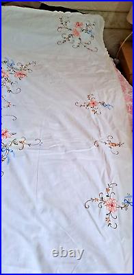 Antique Linen Tablecloth Generously Hand Embroidered & Crocheted 78.74 x 64.56