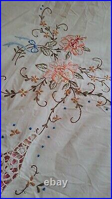 Antique Linen Tablecloth Generously Hand Embroidered & Crocheted 78.74 x 64.56