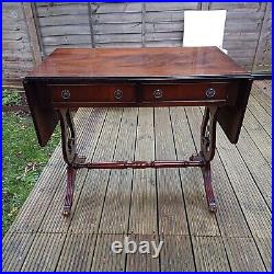 Antique Mahogany Regency English Drop-Leaf Sofa Table Drawers Vintage Furniture