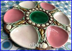 Antique Majolica Minton OYSTER PLATE pink green seaweed Victorian vtg English