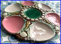 Antique Majolica Minton OYSTER PLATE pink green seaweed Victorian vtg English