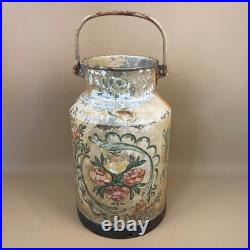 Antique Metal Milk Churn Hand Painted Floral Pattern Vintage Planter Pot