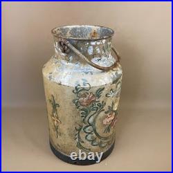 Antique Metal Milk Churn Hand Painted Floral Pattern Vintage Planter Pot