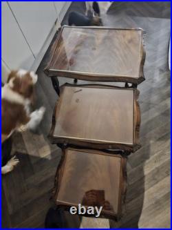 Antique Nest Of Three Tables Side Occasional English Mahogany Glass Vintage