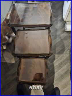 Antique Nest Of Three Tables Side Occasional English Mahogany Glass Vintage