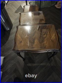 Antique Nest Of Three Tables Side Occasional English Mahogany Glass Vintage