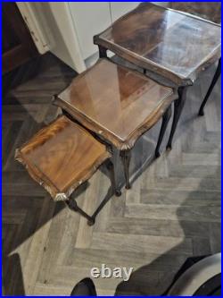 Antique Nest Of Three Tables Side Occasional English Mahogany Glass Vintage