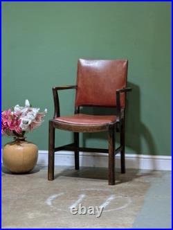 Antique Oak Leather Armchair Carver Office With Studded Back Red English Vintage