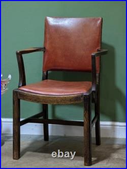 Antique Oak Leather Armchair Carver Office With Studded Back Red English Vintage
