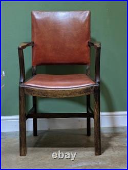 Antique Oak Leather Armchair Carver Office With Studded Back Red English Vintage