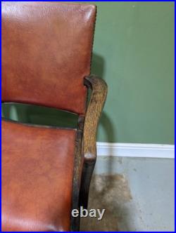 Antique Oak Leather Armchair Carver Office With Studded Back Red English Vintage