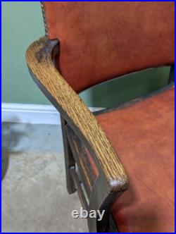 Antique Oak Leather Armchair Carver Office With Studded Back Red English Vintage