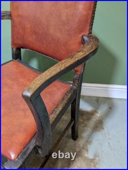 Antique Oak Leather Armchair Carver Office With Studded Back Red English Vintage