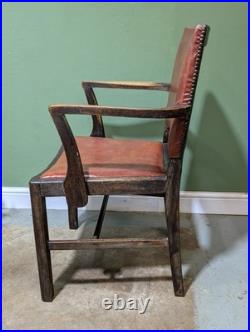 Antique Oak Leather Armchair Carver Office With Studded Back Red English Vintage